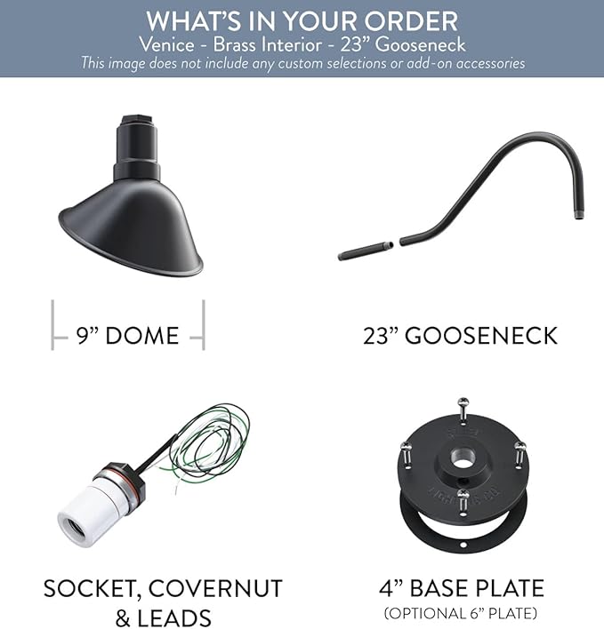Steel Lighting Co. Venice Store Sign Light | for Outdoor Restaurant Accent Wall | 9 inch Dome | 23 inch Gooseneck | Made in America | Matte Black Exterior/Brass Interior