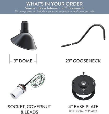 Steel Lighting Co. Venice Store Sign Light | for Outdoor Restaurant Accent Wall | 9 inch Dome | 23 inch Gooseneck | Made in America | Matte Black Exterior/Brass Interior