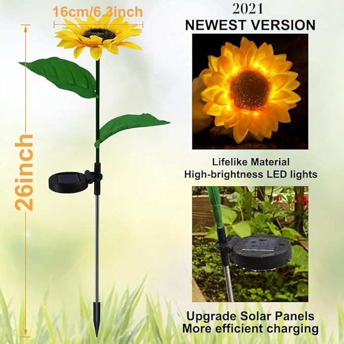 AHNNER Sunflower Solar Lights Outdoor Garden Decorative, 26'' Fall Solar Garden Lights, Solar Flower Lights IP65 Waterproof for Yard Patio Porch Backyard (2 Pack)