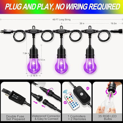 Auroraworld 96FT RGB Outdoor String Lights, Dimmable Color Changing Waterproof LED Patio Lights with Remote & E26 Shatterproof Edison Bulbs for Bistro Backyard Garden Party Decor
