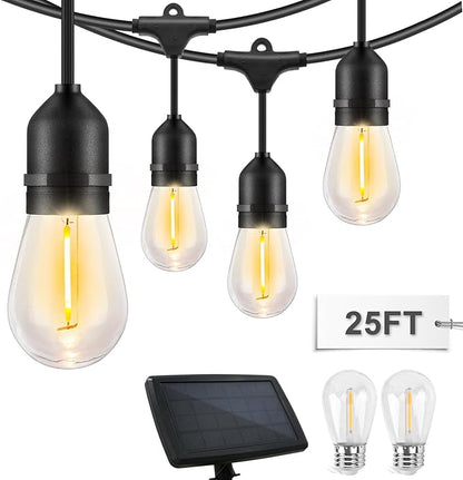 EAGLE PEAK 25 FT S14 Solar-Powered String Lights, IP65, 10 Shatterproof Edison Vintage Bulbs (2 Spare) for Outdoors, 10 Hanging Sockets, Decorative Lights for Patio, Garden, Wedding, Party, and Pool