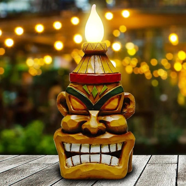 Outdoor Solar Tiki Statue Decor-Tiki Bar Decoration-Torch Tiki Head Statues Outdoor Decorations for | Lumora