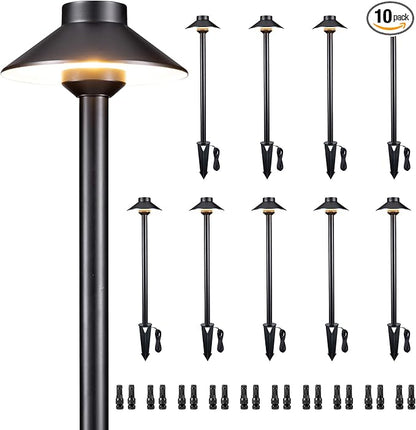 Gardenreet Solid Brass Landscape Path Lights - 12V Black Low Voltage Pathway Light IP65 Waterproof, Outdoor Walkway Fixture Hardwired, Hat-top for Patio Lawn G4 Bulb Not Included (10 Pack)