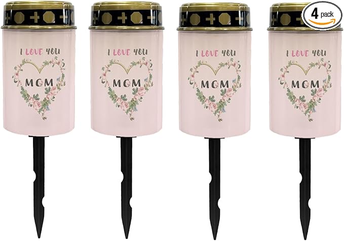 I Love Mom Solar Lights Outdoor Solar Garden Stake Lights Landscape Lighting for Yard Patio Cemetery Decoration for Grave,Flameless Warm White Lights Solar Powered Lights for Outside