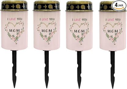 I Love Mom Solar Lights Outdoor Solar Garden Stake Lights Landscape Lighting for Yard Patio Cemetery Decoration for Grave,Flameless Warm White Lights Solar Powered Lights for Outside