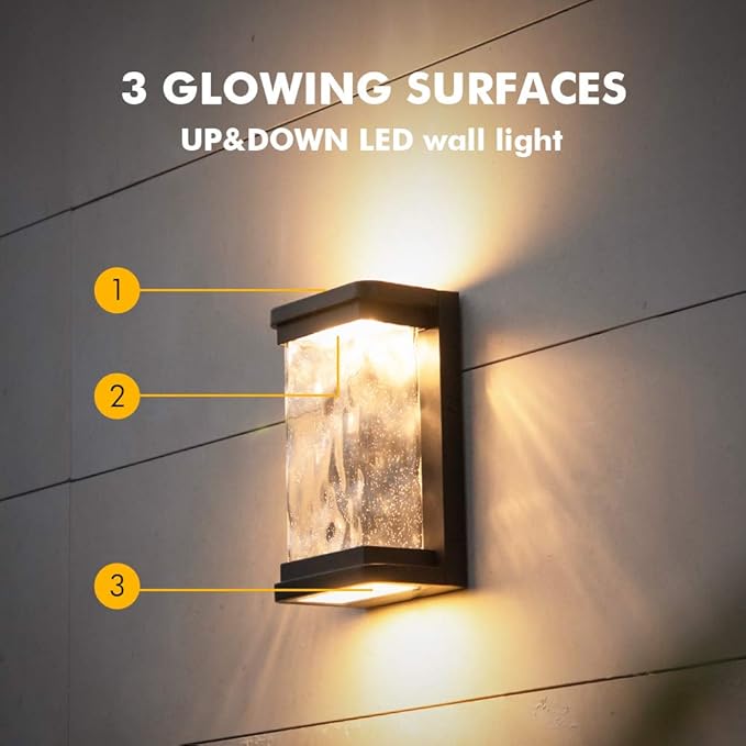 LUTEC 1000 Lumen Outdoor LED Wall Light Fixture, Dusk to Dawn Porch Light Wall Sconce with Seeded Glass, Matte Black Wall Lantern Exterior Lighting for House Backyard Patio, 3000K
