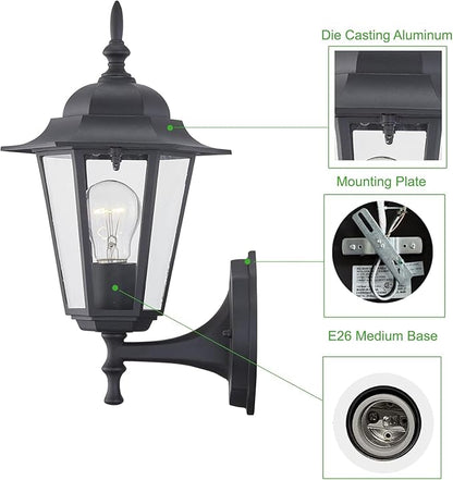 WISBEAM 2 Pack Outdoor Wall Light, Black Wall Sconce for House Porch Lighting Fixture, E26 Base 60W Max, Metal Housing Plus Glass, Wet Location Rated, ETL Qualified, Bulbs not Included