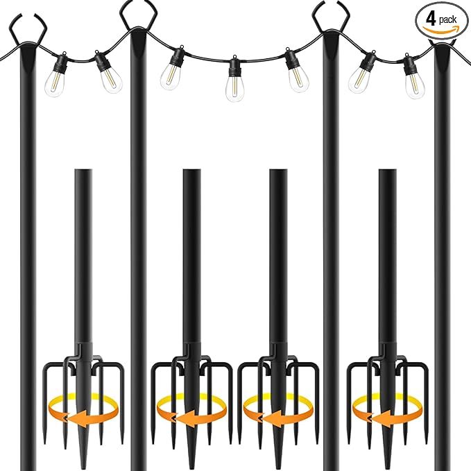 4 Pack String Light Poles,10 Ft Light Poles for Outside String Lights,Outdoor Lights Pole with Fork,Metal Poles Stand for Patio Deck Backyard