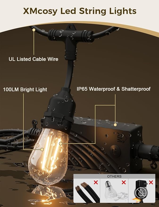 XMCOSY+ Smart LED String Lights for Outside 144Ft with 45 Dimmable Edison Bulbs Waterproof Shatterproof