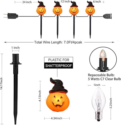 Halloween Hooded Pumpkin Pathway Lights Outdoor, 7Ft C7 Outdoor Halloween Decorations Pathway String Lights with 4 Jack O Lantern Pumpkin Stakes Lights for Garden Yard Walkway Lawn Party Driveway