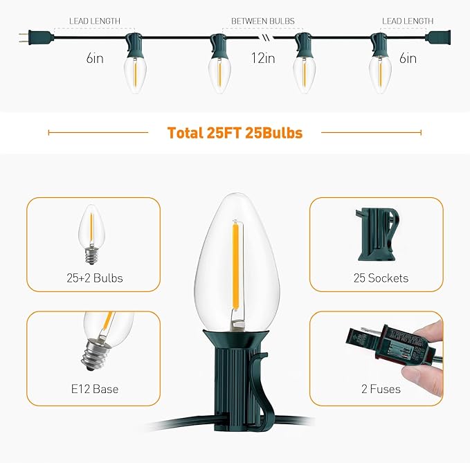 C7 LED Christmas Lights, 25FT Outdoor String Lights with 27 Warm White Bulbs, Waterproof Shatterproof for Porch | Lumora