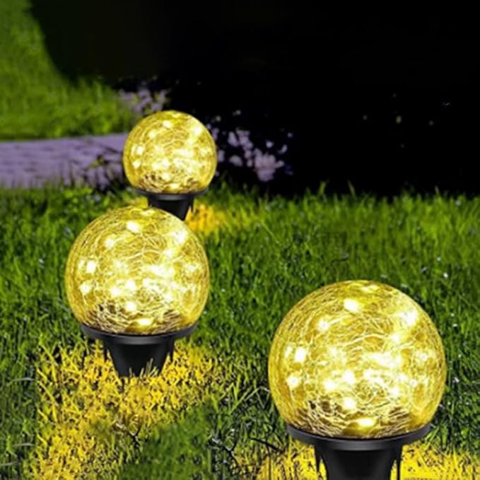Solar Ball LED Lights Crackle Glass Globe Garden Stake Lamp Yard Art Decor for Yard Pathway Patio Lawn Decoration (Warm White)