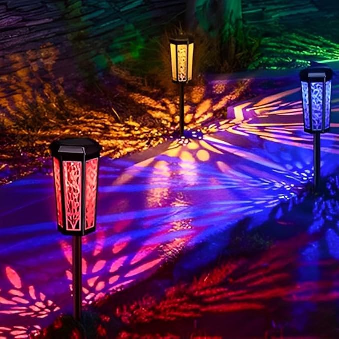 Solar Pathway Lights Outdoor, Waterproof Color Changing LED Solar Garden Lights with Warm White & RGB Modes, Auto On/Off Landscape Decor for Yard, Lawn, Walkway, Patio