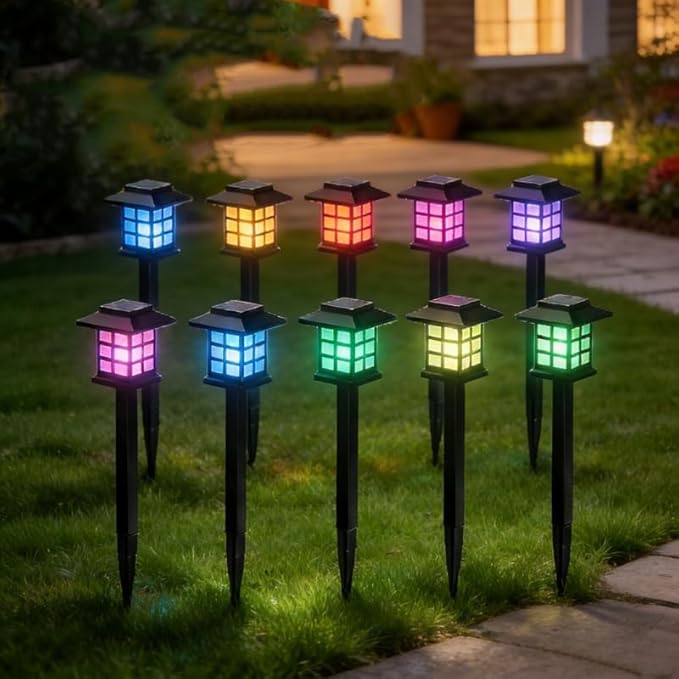 Solar LED Garden Light Lawn Light, Outdoor Path Channel Lighting, Suitable for Courtyard, Lawn and Lane Decoration, Windproof and Energy-Saving, Decorative Garden Light (10pcs Colorful Light)，IP55