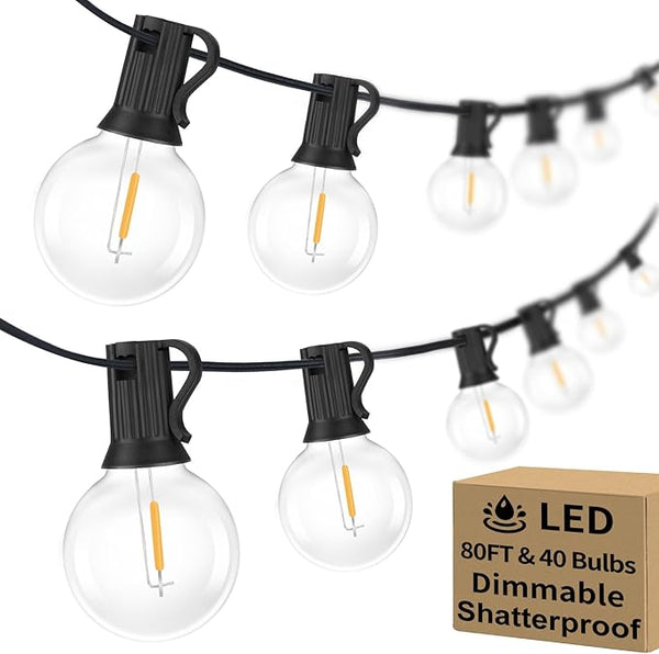 Bosceos 80FT Outdoor G40 LED Globe String Lights Dimmable Waterproof Shatterproof Light Strings with 40 Bulbs | Lumora
