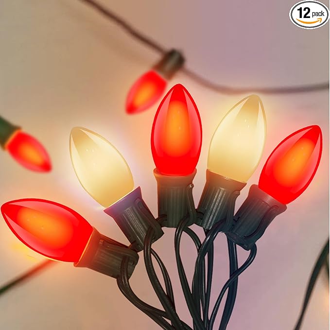C9 Red and White Christmas Lights Outdoor, 25FT Vintage Christmas String Lights Waterproof with 26 C9 Ceramic Large Bulb Christmas Light UL Listed for Roofline Holiday Party Backyard Patio Decorations