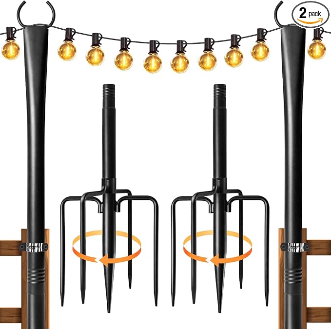 2 Pack String Light Poles for Outside, Thickened Metal Lights Hanger Pole Outdoor with Fork, Lighting Hanging Post | Lumora