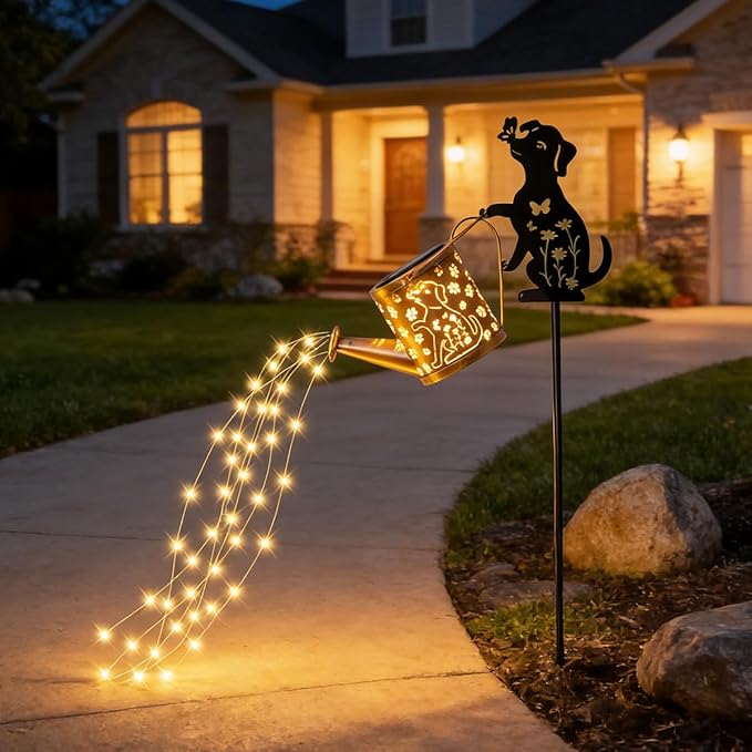 Outdoor Solar Dog Garden Decorative,Solar Watering Can with Light, Featuring Metal Dog Statue Silhouette Stake, Day | Lumora