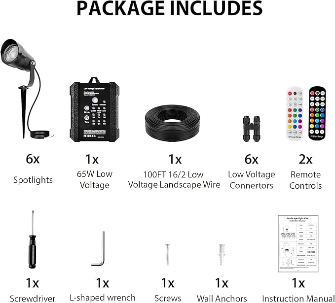 Outdoor All-in-One RGBWW Low Voltage Landscape Lighting Kit, 6-Pack 12W Color Changing LED Spotlight Light with Transformer and 16/2 Wire,12-24V AC/DC Waterproof for Yard Garden Festival Decor