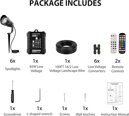Outdoor All-in-One RGBWW Low Voltage Landscape Lighting Kit, 6-Pack 12W Color Changing LED Spotlight Light with Transformer and 16/2 Wire,12-24V AC/DC Waterproof for Yard Garden Festival Decor