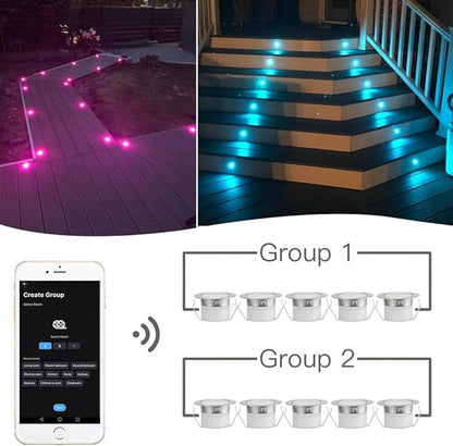 Sumaote LED Deck Lights Kit, 20pcs Φ1.22 WiFi Wireless Smart Phone Control Low Voltage Recessed RGB Deck Stair Lights Waterproof Outdoor Step Yard Path Landscape Decor, Fit for Alexa, Google Home