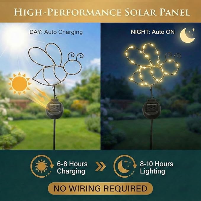 Touch Of ECO Outdoor Solar Powered LED Decorative Garden Stake Light - 2 Pack Warm White Bee Design - Great Decor for Yard, Patio, Lawn, Planter-Makes a Great Gift