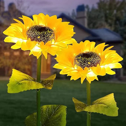 2 Pack Solar Sunflower Lights,Outdoor Garden Solar Powered Decorative Artificial Flower Stake for Patio Porch Christmas Gardening Bed Pathway Memorial Cemetery Grave Decor
