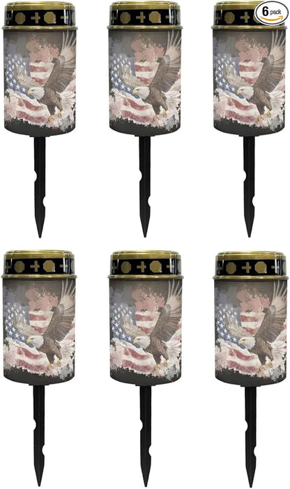 Poceacles 6 Pack Solar Lights Solar Cemetery Lights Solar Grave Lights Outdoor Waterproof Decoration Pathway Lights Garden Solar Candle for Memorial Day Decor, Eagle American Flag Splatter