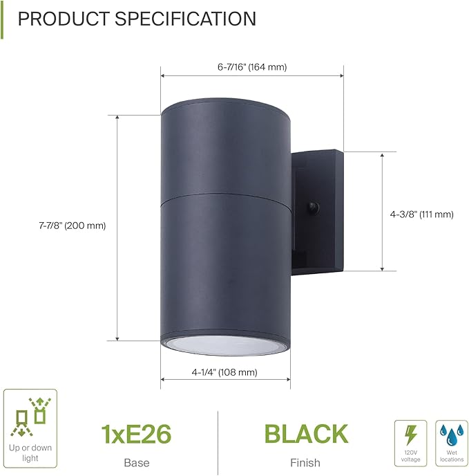 ASD 1 Light Outdoor Wall Light Fixture | 60W E26 Bulb Socket 120V ETL Cylinder Up Down Lights | | Lumora