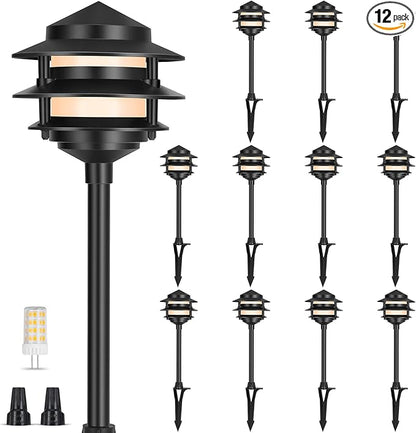 Gardencoin Pagoda Low Voltage Landscape Pathway Lights, 12V Outdoor LED Path Lights Wired, Aluminum Walkway Lighting with 4W 2700K Replaceable G4 Bulb, Classic 3-Tier Lantern, 12 Pack