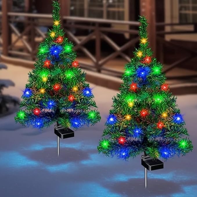 Solar Christmas Tree Lights Holiday Decorations, Outdoor Courtyards Solar Powered Artificial Xmas Tree for Yard Porch Pathway, LED Mini Christmas Decor for Outside Garden Patio Lawn(2PCS)