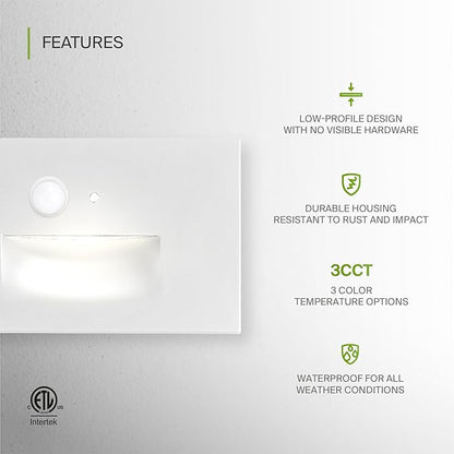 ASD LED Recessed Step Light Fixture, Dusk To Dawn Outdoor Tread Lighting | 3CCT, Motion Sensor, Photocell, Waterproof, ETL Listed | 3W 120LM 3000K-5000K 120V | Staircase Hardwired Illumination | White