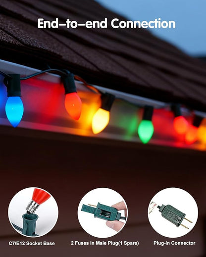 SUNSGNE 25Ft Multicolor Christmas Lights Outdoor, C7 Vintage Christmas String Lights with 27 Multicolor Ceramic Bulbs(2 Spare) for Holidays, Christmas Prom Party Wedding- Green Wire