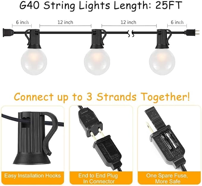 Abeja 25FT Outdoor String Lights, G40 Globe Patio String Lights with 27 Frosted White Globe Bulbs, Waterproof Connectable Hanging Lights for Outside Backyard Porch Umbrella Bistro Decor, Black Wire