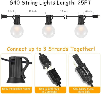Abeja 25FT Outdoor String Lights, G40 Globe Patio String Lights with 27 Frosted White Globe Bulbs, Waterproof Connectable Hanging Lights for Outside Backyard Porch Umbrella Bistro Decor, Black Wire
