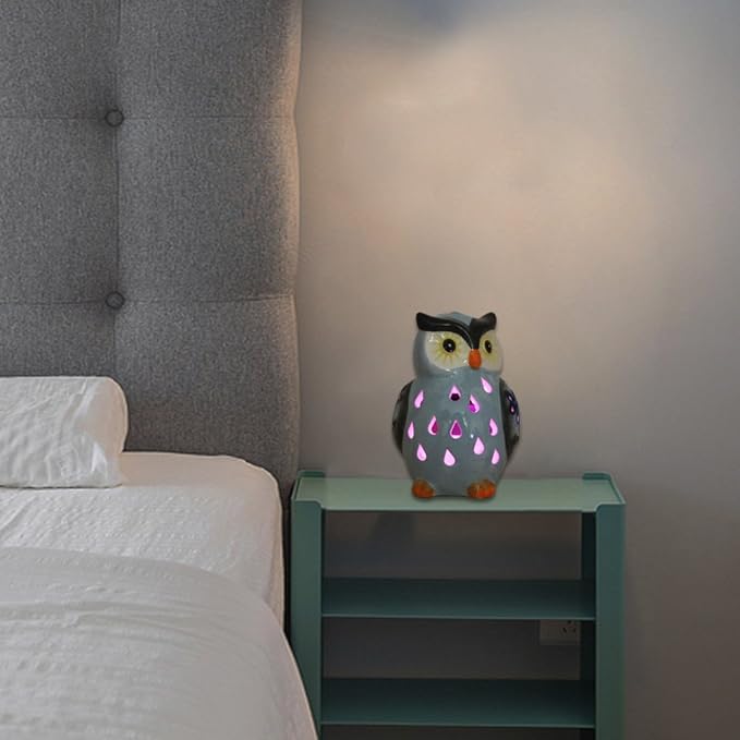 ASTRAEUS Porcelain Owl Solar Landscape Lights Figurine, Color Changing LED - Lawn Decor Owl Statues for Patio, Lawn, Balcony, Yard - Mothers Day Housewarming Gifts Grey Blue