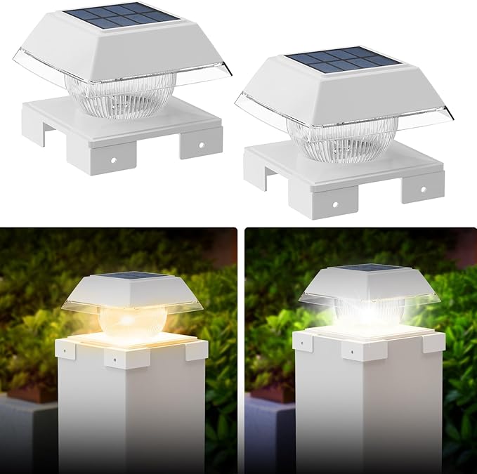 4x4 Solar Post Cap Lights with 2 Lighting Modes, 2 Packs Outdoor Post Light Solar Powered Waterproof IP65, Fence Deck Lights for 4×4 Wood/Vinyl Posts, White