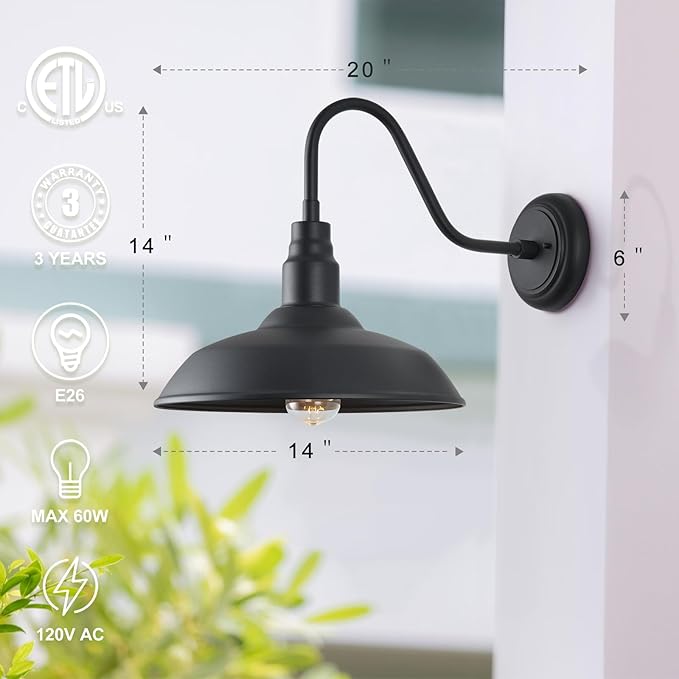 14in Outdoor Gooseneck Light Fixture for Porch, Large Exterior Barn Light with Wall Mount, Black Industrial | Lumora