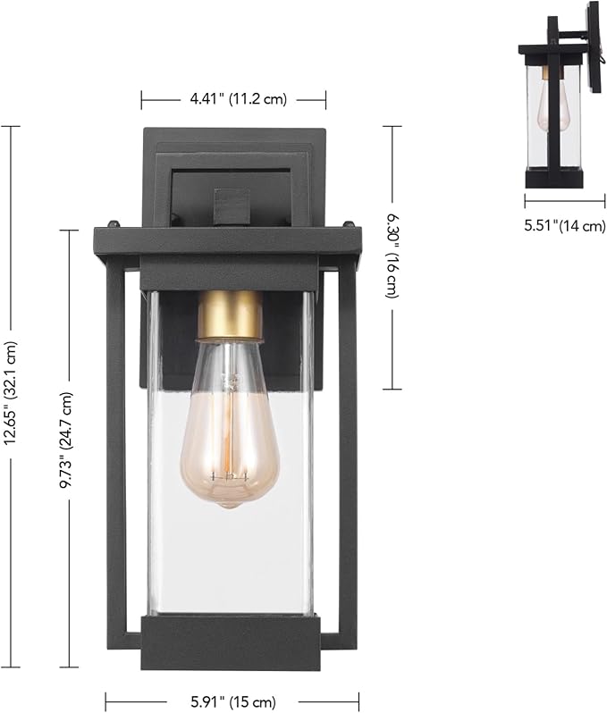 GLOBE Electric 60000028 1-Light Outdoor Wall Sconce, Matte Black, Brass Accent, Clear Seeded Glass Shade, Weather Resistant, Front or Back Porch Decor, Modern Exterior Lighting, Patio Lights