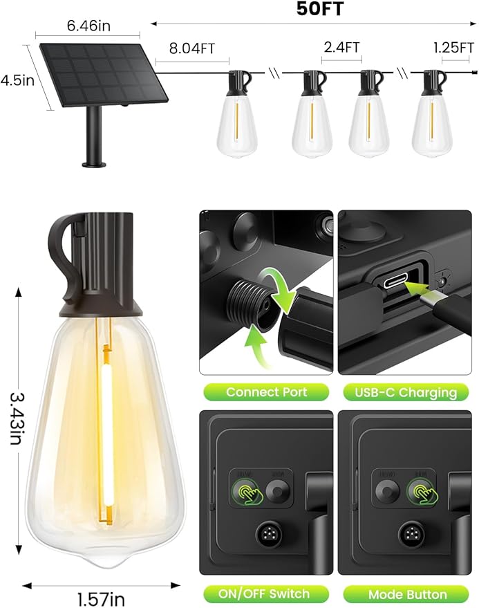 Svater 50FT Solar String Lights Outdoor with Remote, ST38 Patio Light with 19 LED Dimmable Shatterproof Bulbs | Lumora