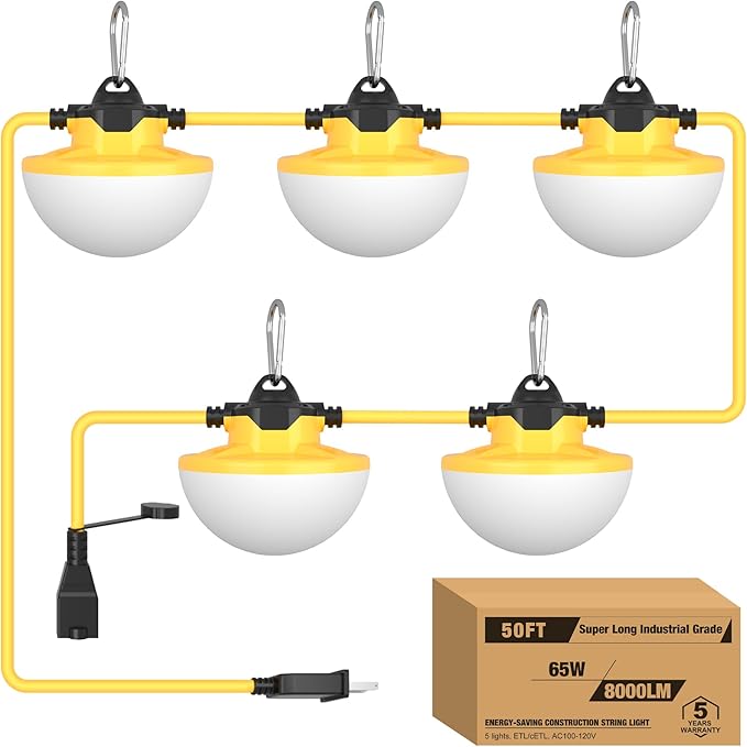 YXL 8000LM 65W Construction String Lights, 50FT Industrial String Work Lights, IP65 Waterproof 18AWG Wire 5000K Super Bright for Construction Sites Temporary Work Jobsites Outdoor Lighting (2Prong)