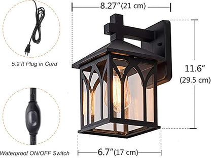 Kiven Plug-in Lantern Wall Sconce PIR Motion Sensor Wall Lamps Lighting Fixture with in-line Button Switch Cord(5.9FT) and a Pulg-in Motion Sensor Socket Turn on/Off The Light Automatically - 1 Pack