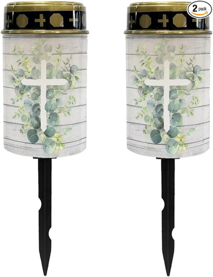 Poceacles Cross Solar Lights Outdoor Grave Solar Lights for Cemetery Decoration Solar Outdoor Lights Cemetery Solar Lamp for Garden Backyard Pathway Decor, Eucalyptus Leaf Cross Wood Grain, Pack of 2