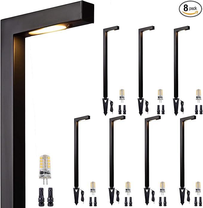 Gardenreet Brass Black Low Voltage Driveway Lights, 12V Landscape Pathway Light, AC/DC LED Waterproof Bronze L Shape Pathway Lamp for Patio House Garden with 3W 270LM 5000K G4 Bulb 8 Pack