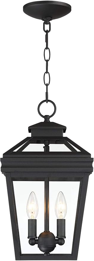 John Timberland Stratton Street Rustic Farmhouse Outdoor Hanging Ceiling Light Fixture Textured Black Lantern 2-Light 16 1/2" Clear Glass Exterior Barn Deck House Porch Yard Patio Outside Garage
