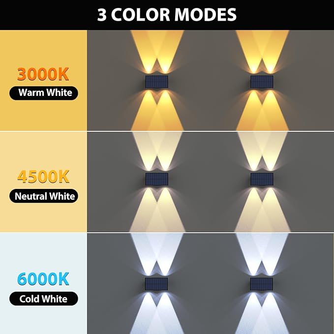 Solar Fence Lights,6Pack Solar Lights Outdoor 2700/4500/6000K 3 Modes Up & Down Wall Lights Waterproof 100 Lumens | Lumora