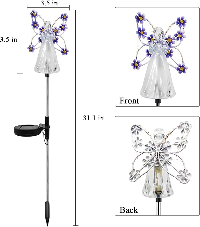 Solar Garden Lights, Fairy Angel Solar Powered Fairy Waterproof Light, 2pcs LED Outdoor Decorative Light, Pathway Lights for Cemetery Grave Memorial Garden Yard Lawn Sympathy Gifts (Purple - 2PCS)