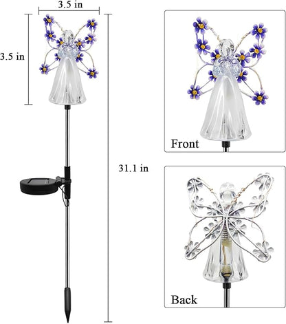 Solar Garden Lights, Fairy Angel Solar Powered Fairy Waterproof Light, 2pcs LED Outdoor Decorative Light, Pathway Lights for Cemetery Grave Memorial Garden Yard Lawn Sympathy Gifts (Purple - 2PCS)