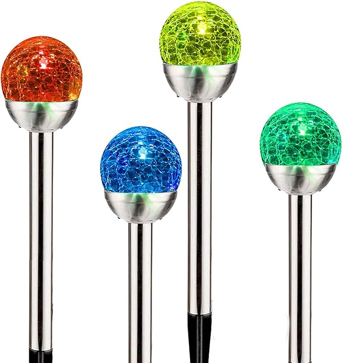 4Pack Solar Glass Crackle Ball Pathway Light Outdoor Waterproof Solar Garden Path Lights Landscape Lighting Decoration (Multi-Colored)