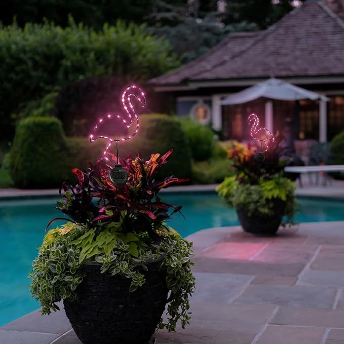 2 Packs Solar Neon-Like Metal Frame Pink Flamingo Stake Light - Outdoor, Pathway, Landscape Light for Lawn, Patio, Garden Or Outdoor Living Area - 28 Inches Tall